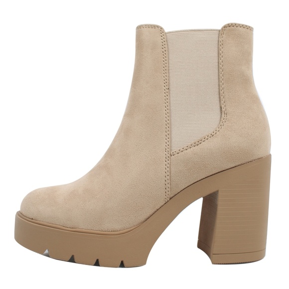 Shoes - Light Wheat Faux Suede Chelsea Platform Block Heel Ankle Bootie